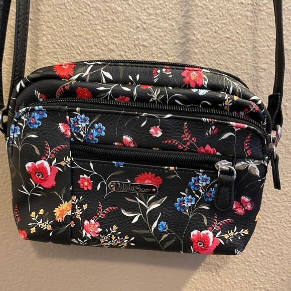 Multi Sac Black Floral Womens Small Crossbody Purse - Picture 1 of 16